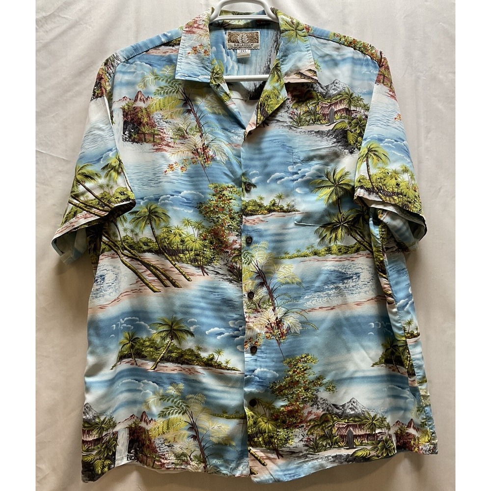 Men's Kalaheo Button Front Hawaiian Shirt Tropical Beach Palm Tree Pattern 2XL‎